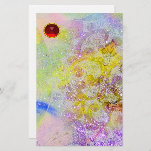 ABSTRAKT GELBE LILA WELLEN, WIRBEL UND ROTE RUBY BRIEFPAPIER (Vorne/Hinten)