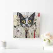 Abstrakt Gelbe Mit Augen, farbige Katze Quadratische Wanduhr (Zuhause)