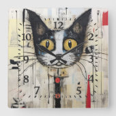 Abstrakt Gelbe Mit Augen, farbige Katze Quadratische Wanduhr (Vorderseite)