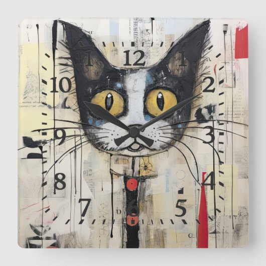 Abstrakt Gelbe Mit Augen, farbige Katze Quadratische Wanduhr (Vorderseite)