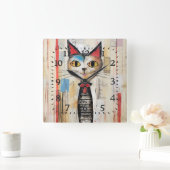 Abstrakt Gelbe Mit Augen glückliche Katze Quadratische Wanduhr (Zuhause)