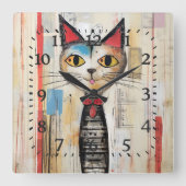 Abstrakt Gelbe Mit Augen glückliche Katze Quadratische Wanduhr (Vorderseite)