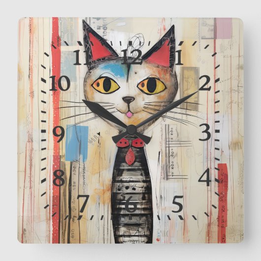 Abstrakt Gelbe Mit Augen glückliche Katze Quadratische Wanduhr (Vorderseite)