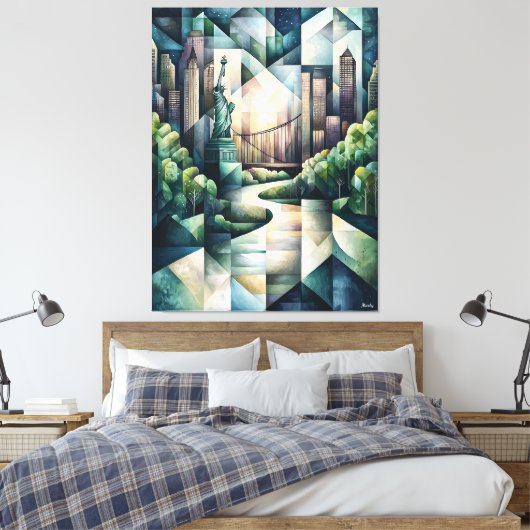 Abstrakt Geometric New York Skyline Statue Liberty Leinwanddruck (Insitu (Schlafzimmer))