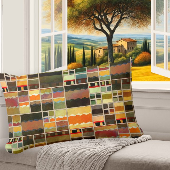 Abstrakt gestrichene Bleiglasfarbe Farbiges Kissen (Pillow featuring an abstract geometric pattern in a leaded glass or stained glass style)