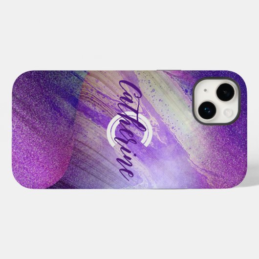 Abstrakt Glittering Neon Magenta Name & Initial Case-Mate iPhone Hülle (Rückseite (Horizontal))