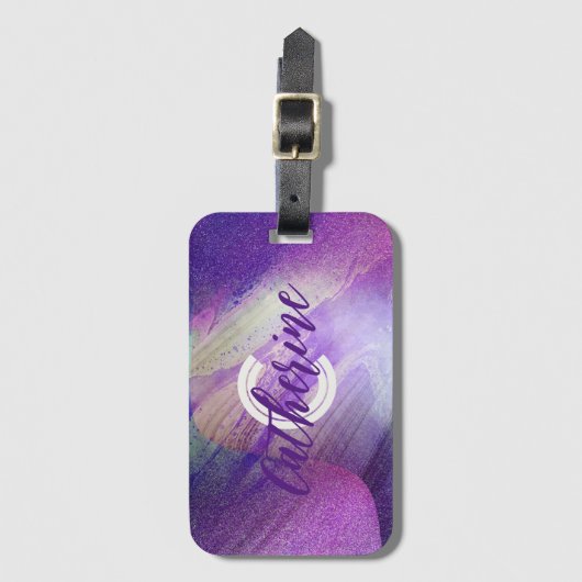 Abstrakt Glittering Neon Magenta Name & Initial Gepäckanhänger (Vorderseite Vertikal)
