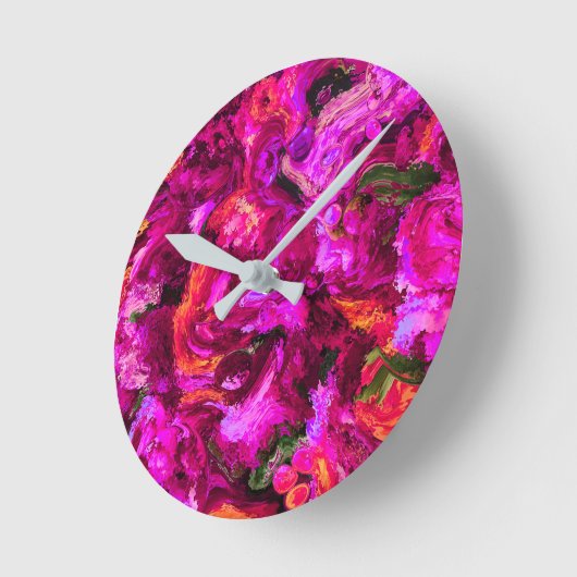 Abstrakt in Purpur, Orangen und Grüntöne Runde Wanduhr (Winkel)