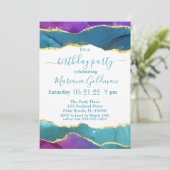 Abstrakt Ink Fuchsia Pink Aquamarin Gold Geburtsta Einladung (Stehend Vorderseite)