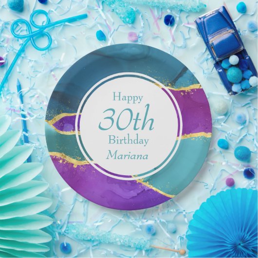 Abstrakt Ink Fuchsia Pink Aquamarin Gold Geburtsta Pappteller (Party)