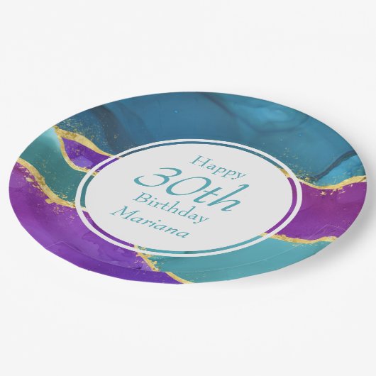 Abstrakt Ink Fuchsia Pink Aquamarin Gold Geburtsta Pappteller (Schrägansicht)