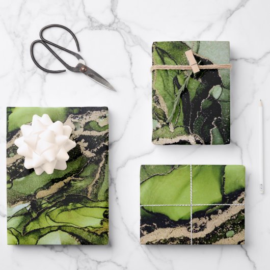 Abstrakt Jade Green Black Gold Alcohol Tinte Geschenkpapier Set (Vorderseite)