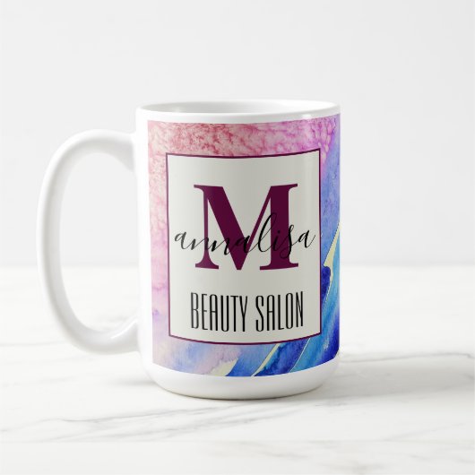 Abstrakt-künstlerisch-blau-pink-Beauty-Salon Monog Kaffeetasse (Links)