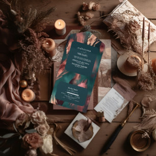 Abstrakt Kupfer dunkelgrün staubig rosa Hochzeit All In One Einladung