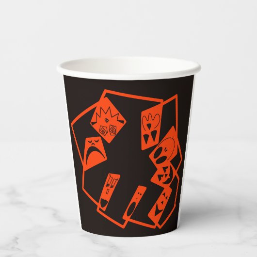 Abstrakt, Kürbisgesichte auf schwarz, Halloween Pappbecher (Rückseite)