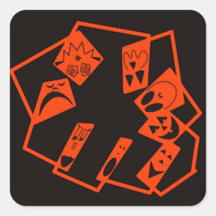 Abstrakt, Kürbisgesichte auf schwarz, Halloween Quadratischer Aufkleber