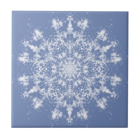 Abstrakt Lacy Fraktal Snowflake auf blauem Hinterg Fliese (Vorderseite)