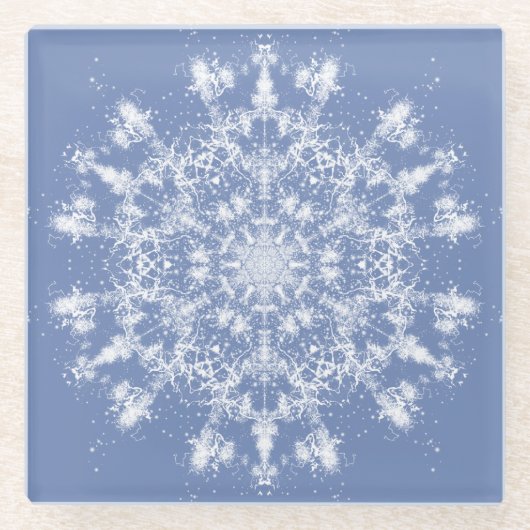 Abstrakt Lacy Fraktal Snowflake auf blauem Hinterg Glasuntersetzer (Vorderseite)