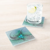 Abstrakt mit blauer, moderner Kunst des Fraktals Glasuntersetzer (Schrägansicht)