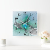 Abstrakt mit blauer, moderner Kunst des Fraktals Quadratische Wanduhr (Zuhause)