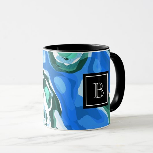 Abstrakt Modern Art Collage Monogram Initial Blue Tasse (VorderseiteRechts)