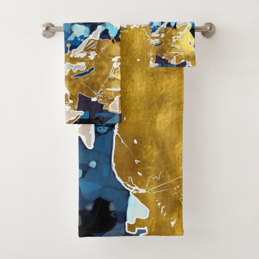 Abstrakt, modern, Collage, Gold, Marineblau Badhandtuch Set (Insitu)