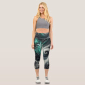Abstrakt-modern, grün, silber und schwarz schwirbe capri leggings (Vorderseite)