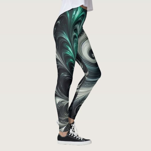 Abstrakt-modern, grün, silber und schwarz schwirbe leggings (Rechts)
