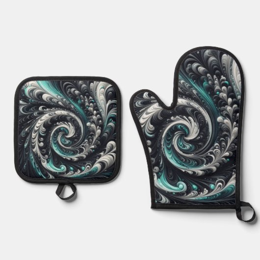 Abstrakt-modern, grün, silber und schwarz schwirbe ofenhandschuh & Topflappen-Set (Vorderseite)