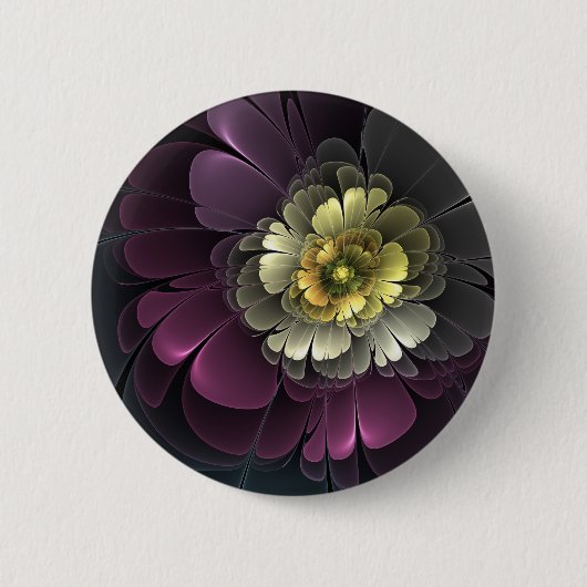 Abstrakt Modern Purpur Khaki Gray Fraktal Blume Button (Vorderseite)