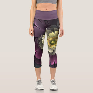 Abstrakt Modern Purpur Khaki Gray Fraktal Blume Capri Leggings