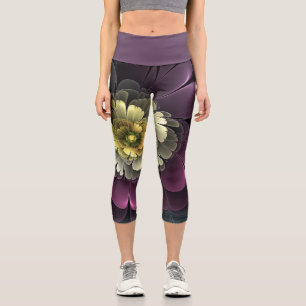 Abstrakt Modern Purpur Khaki Gray Fraktal Blume Capri Leggings