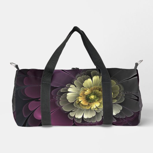 Abstrakt Modern Purpur Khaki Gray Fraktal Blume Duffle Bag (Vorderseite)