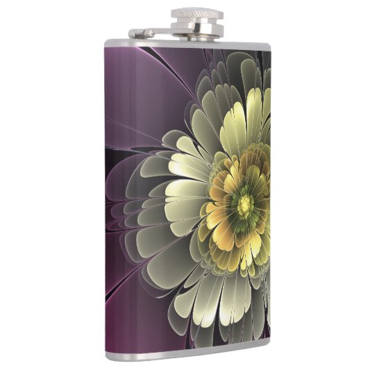 Abstrakt Modern Purpur Khaki Gray Fraktal Blume Flachmann (Rechts)