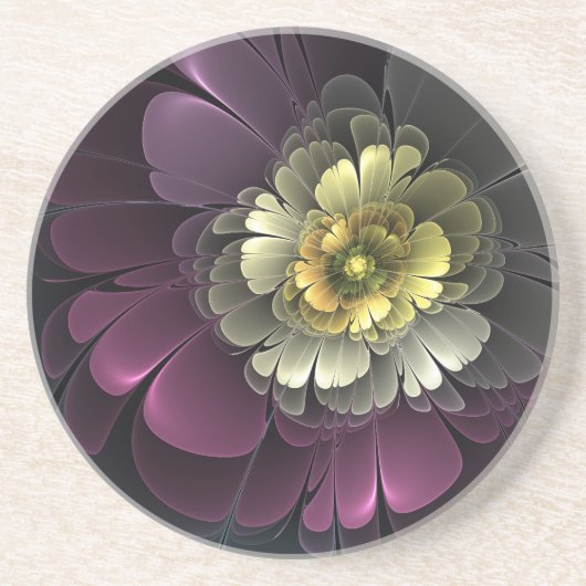 Abstrakt Modern Purpur Khaki Gray Fraktal Blume Getränkeuntersetzer (Vorne)