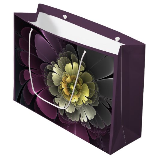 Abstrakt Modern Purpur Khaki Gray Fraktal Blume Große Geschenktüte (Vorderseite Schrägansicht)
