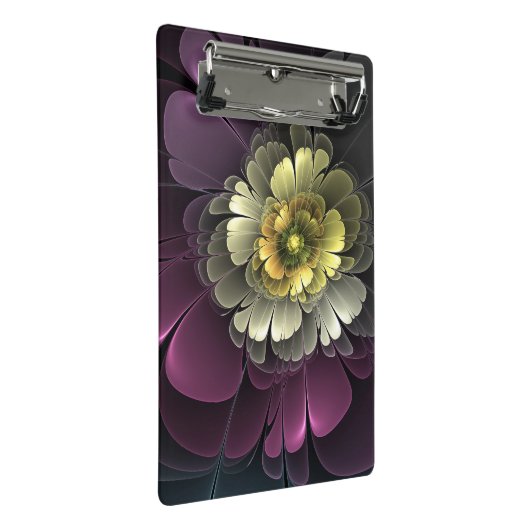 Abstrakt Modern Purpur Khaki Gray Fraktal Blume Mini Klemmbrett (Schrägansicht)