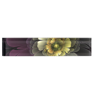 Abstrakt Modern Purpur Khaki Gray Fraktal Blume Namensplakette