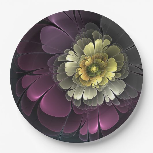 Abstrakt Modern Purpur Khaki Gray Fraktal Blume Pappteller (Vorderseite)