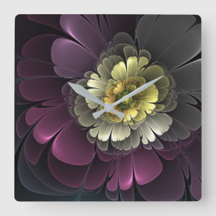 Abstrakt Modern Purpur Khaki Gray Fraktal Blume Quadratische Wanduhr