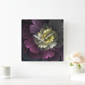 Abstrakt Modern Purpur Khaki Gray Fraktal Blume Quadratische Wanduhr (Zuhause)