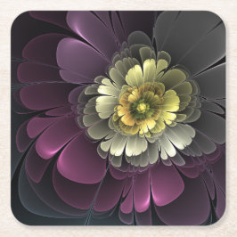 Abstrakt Modern Purpur Khaki Gray Fraktal Blume Rechteckiger Pappuntersetzer