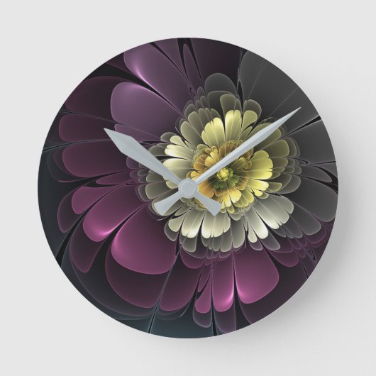 Abstrakt Modern Purpur Khaki Gray Fraktal Blume Runde Wanduhr (Vorderseite)