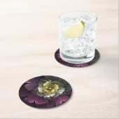 Abstrakt Modern Purpur Khaki Gray Fraktal Blume Runder Pappuntersetzer (Vor Ort)