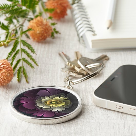 Abstrakt Modern Purpur Khaki Gray Fraktal Blume Schlüsselanhänger (Seite)