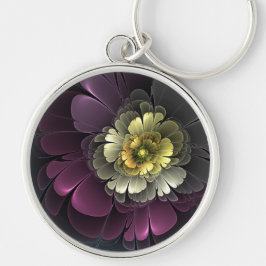 Abstrakt Modern Purpur Khaki Gray Fraktal Blume Schlüsselanhänger