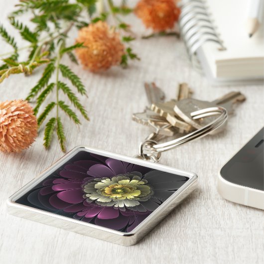 Abstrakt Modern Purpur Khaki Gray Fraktal Blume Schlüsselanhänger (Seite)