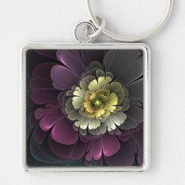 Abstrakt Modern Purpur Khaki Gray Fraktal Blume Schlüsselanhänger