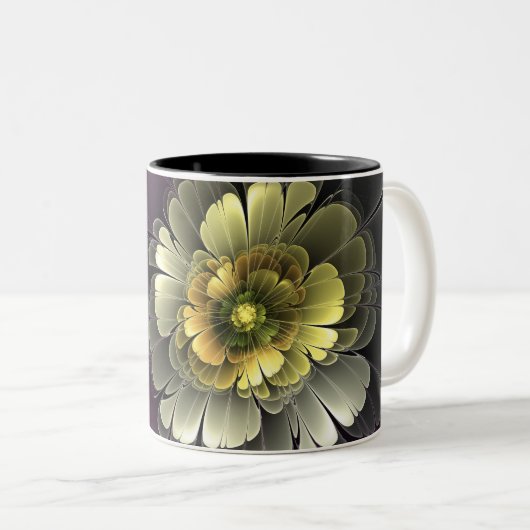 Abstrakt Modern Purpur Khaki Gray Fraktal Blume Zweifarbige Tasse (VorderseiteRechts)
