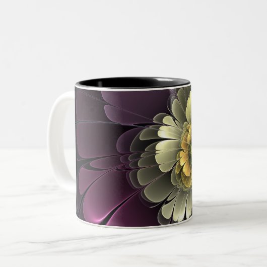 Abstrakt Modern Purpur Khaki Gray Fraktal Blume Zweifarbige Tasse (Vorderseite Links)